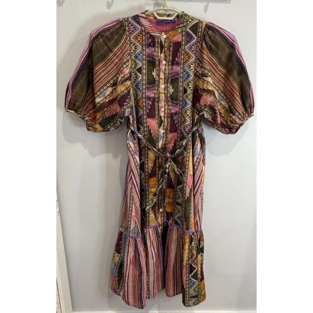 Ro's Garden Button Front Maxi Dress Aztec Warm Print Belt 3/4 Poof Sleeve Size M